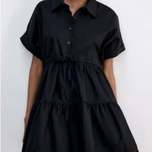 Women’s size small Zara NWT black cotton tiered mini dress with tie waist
